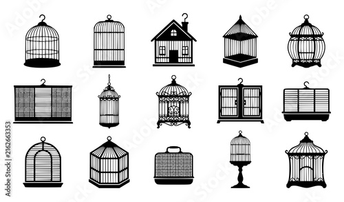 Bild auf Leinwand Fifteen Bird Cage Flat Silhouette Icons with Decorative Hanging Designs