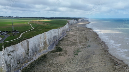 Quadro su tela Panoramic aerial view of white chalk cliffs and Atlantic ocean coastline in Ault