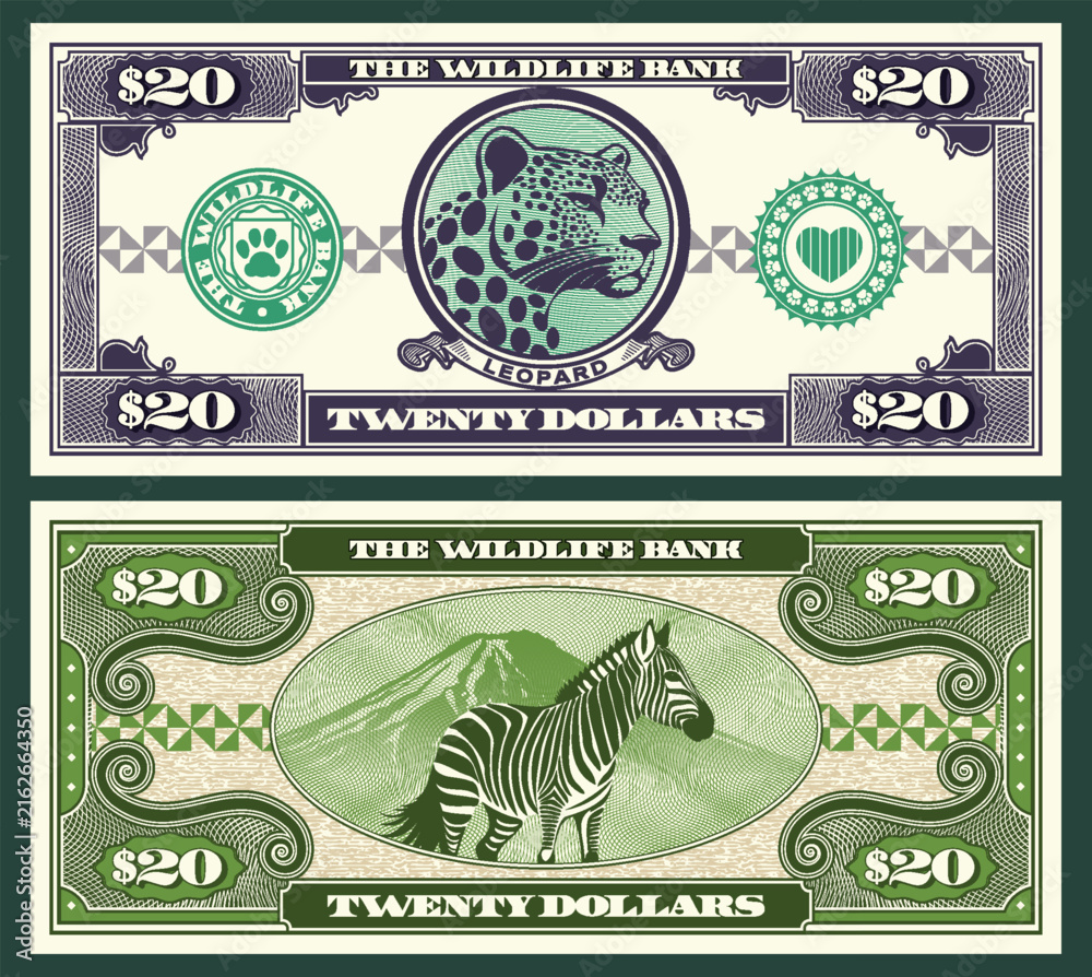 Naklejka premium Vector banknote, flyer. 20. Wildlife bank. Twenty dollars denomination. Obverse and reverse. Graphic leopard head, wild zebra. Symmetrical note. Play money. Zoo and fauna. Animals and mountain