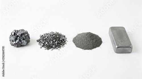 A realistic collection of lead materials featuring raw galena ore, cubic galena crystals, crushed ore, lead concentrate, refined lead ingots, pellets, granules, metal sheets, casting pieces, and recyc