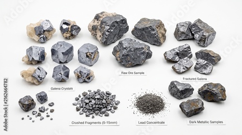 A realistic collection of lead materials featuring raw galena ore, cubic galena crystals, crushed ore, lead concentrate, refined lead ingots, pellets, granules, metal sheets, casting pieces, and recyc