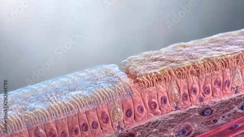 Plakat w ramie Microscopic epithelial tissue with protective mucus layer, barrier health concept for medical research with copy space