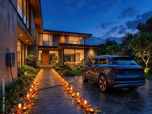 Electric vehicle charging at modern home with candlelit walkway for evening background and sustainable luxury driveway design
