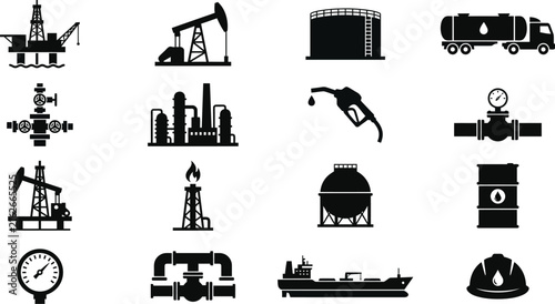 Oil industry icons set with petroleum extraction, refinery, transportation, and equipment symbols