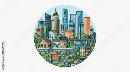 Creative Urban Skyline Featuring Colorful Buildings Roads Cars and Green Trees in a Circular Composition