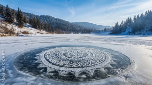 Intricate Mandala Pattern Carved on Frozen Lake Surface in Winter Landscape