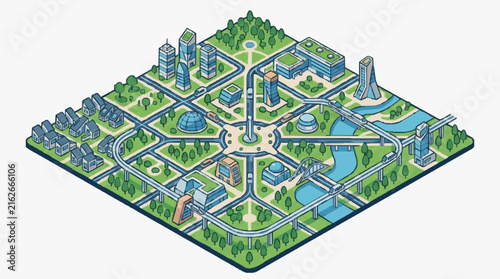 Industrial Isometric City Map Featuring Roads Buildings Parks and Modern Infrastructure in Blue Green and Gray