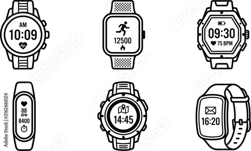 Smartwatch icons set line art vector design fitness tracker symbols