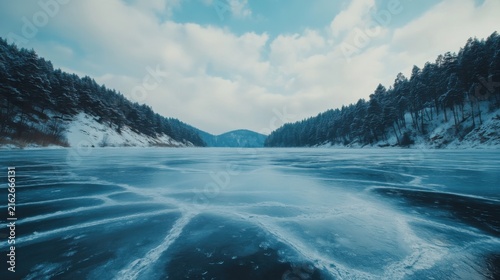 Frozen Lake Surface with Ice Patterns and Snowy Forest Landscape