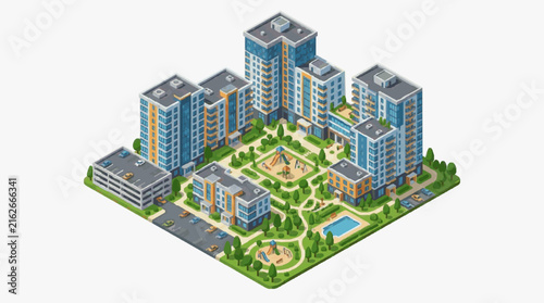 Modern Isometric of Urban Apartment Complex with Playgrounds Pools and Vehicles with high quality professional line art symbols for modern creative design and digital branding projects