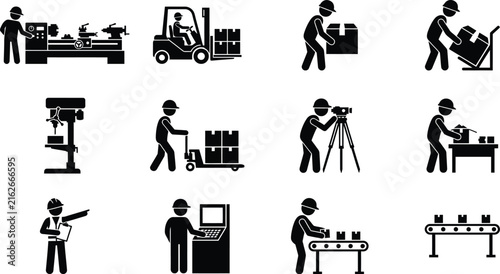 Factory worker and warehouse logistics black pictograms set with machinery and equipment