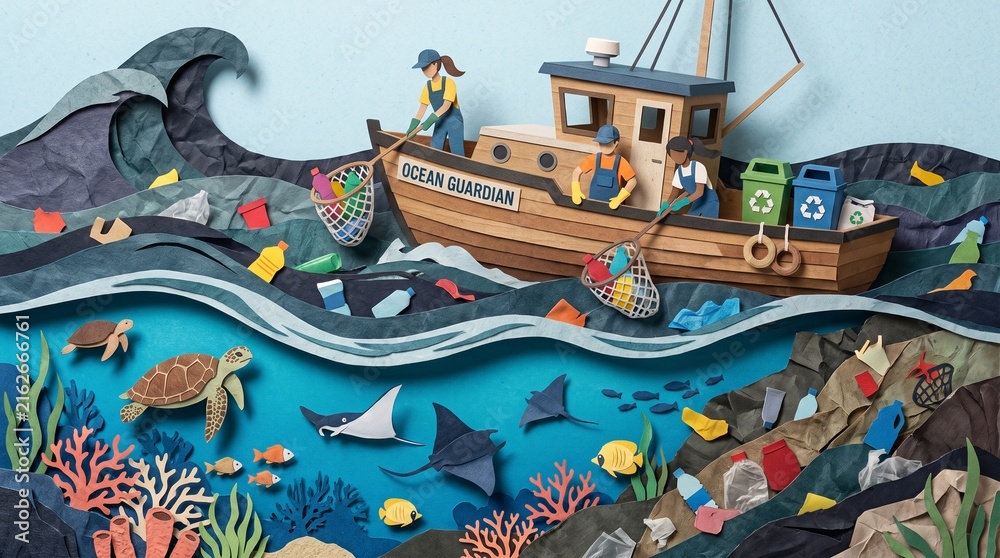 Naklejka premium Handmade papercraft artwork depicting an ocean cleanup mission with a ship collecting plastic waste from the sea.