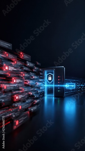 Plakat w ramie Digital firewall gateway blocks malicious data stream, cybersecurity access control concept with copy space