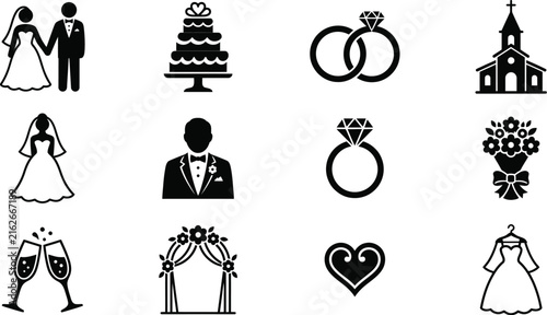 Wedding icon set with black silhouettes of bride, groom, rings, cake, dress, church, bouquet, glasses, and heart symbols