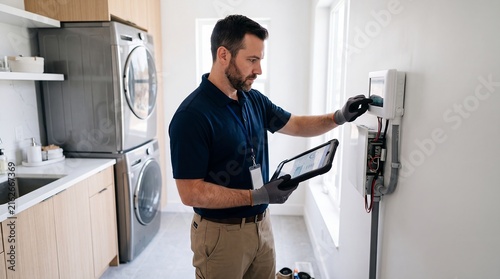 home inspector hvac smart technology property inspection maintenance energy system technician examines a connected climate control unit in a residential utility room while documenting system condition