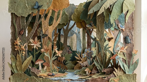 Layered paper art diorama of a lush forest landscape.