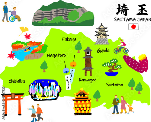 埼玉県旅行、手描きの観光スポットと観光客フラットイラスト