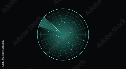 Teal radar scan circle with sweep line and target dots