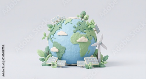 3D Render of Earth Globe with Solar Panel, Wind Turbine and Green Leaves, Renewable Energy Concept