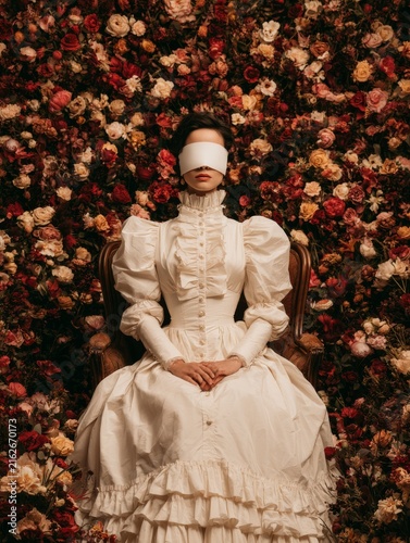 A young woman sits in an English armchair against a backdrop of flowers, her eyes hidden by a blindfold 