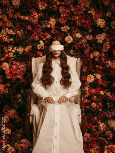 A young woman sits in an English armchair against a backdrop of flowers, her eyes hidden by a blindfold 