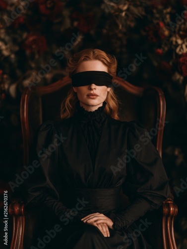 A young woman sits in an English armchair against a backdrop of flowers, her eyes hidden by a blindfold 