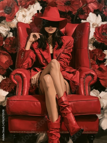 A young woman sits in an English armchair against a backdrop of flowers, her eyes hidden by a blindfold 