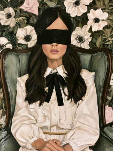 A young woman sits in an English armchair against a backdrop of flowers, her eyes hidden by a blindfold 