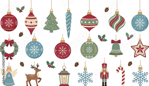 Vintage Christmas ornament and holiday bauble flat vector clip art collection featuring nutcracker snowflake reindeer tree and lantern decorations.