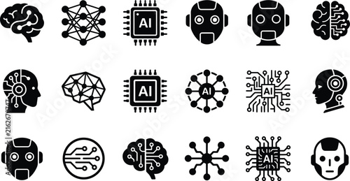 Artificial intelligence icons set with brain, robot head, neural network, and microchip symbols in black silhouette