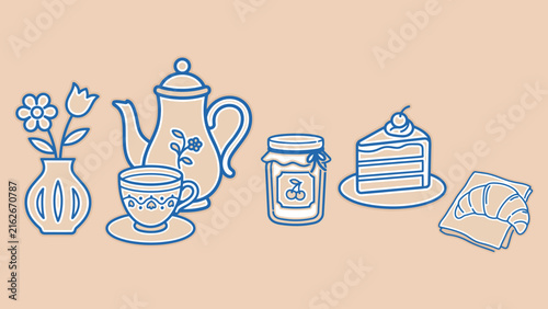 Delicate tea set with flowers jam cake and croissant on pastel background