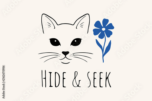Cute cat face line art with blue flower and Hide and Seek typography vector illustration