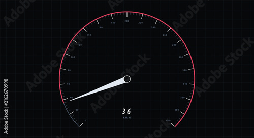 Pink futuristic speedometer gauge showing 36 km/h on grid