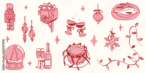 Retro doodles of Christmas party. Vintage new year icons dinner meals in chalk and crayon drawing. Xmas party elements for poster and greeting cards. Hand drawn holiday vector illustration