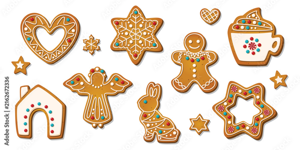 Fototapeta premium Christmas Gingerbread cookies for xmas celebration. Winter homemade biscuits with sweet icing details in festive shapes isolated on white background. Festive ornament vector illustration