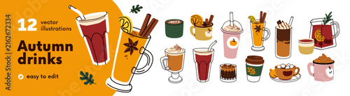 Hot autumn seasonal drinks set. Coffee, pumpkin spiced latte, cocoa with mars...