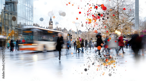 Vibrant city scene captures essence of urban life with blurred motion, colorful splashes, and iconic architecture in background