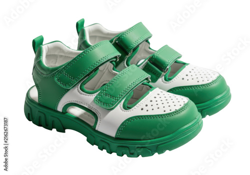 Pair of green and white childrens sandals isolated on transparent background