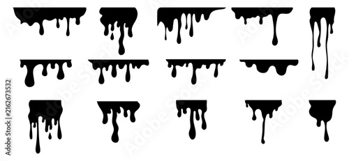 Foto Set of black melting liquid drips and border silhouettes vector graphic illustra