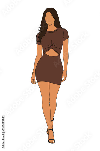 Stylish Woman Wearing Brown Cut Out Mini Dress Fashion Illustration