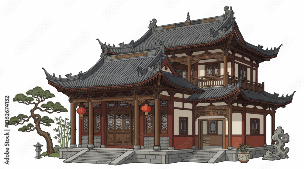 Obraz premium Traditional Chinese temple architecture vector illustration isolated on white background
