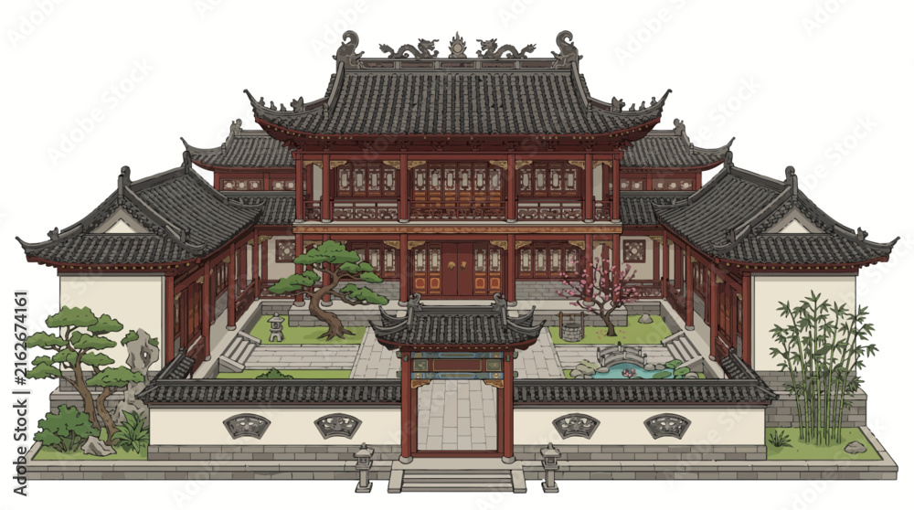 Fototapeta premium Isometric view of a Korean cultural Hanok home with garden and wooden structure