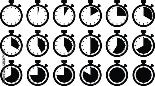 Stopwatch icons progression set showing elapsed time intervals and countdown steps