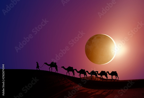 Camel caravan in the desert at sunrise - Beautiful sand dunes in the Sahara desert with solar eclipse  - Sahara, Morocco