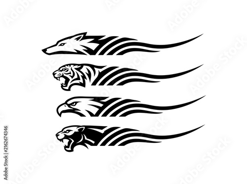 Set of tribal animal mascot vectors including wolf tiger eagle and panther heads with speed stripes