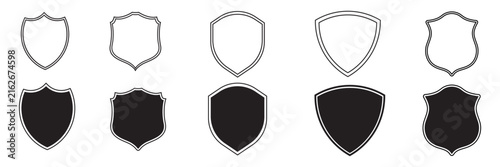 Set of blank shield vectors in line outline and solid black silhouette styles
