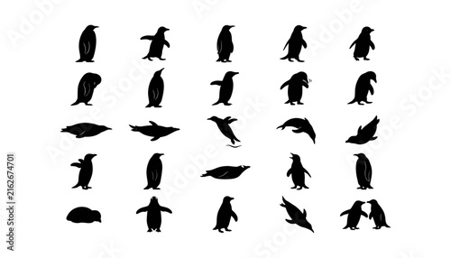 Konstfotografi Black Penguin Silhouette Vector Set Featuring Swimming, Standing, and Waddling A