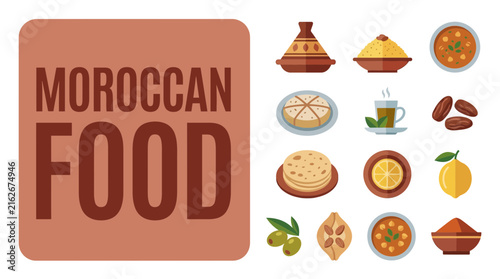 Set of traditional Moroccan food icons and illustrations including tagine couscous and mint tea.