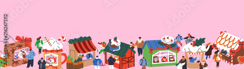 Christmas fair with tiny people and vendors at stalls, festive banner. Seasonal winter holiday background, outdoor market border, horizontal design. Xmas and New Year flat vector illustration.
