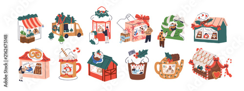 Christmas market stalls set. Winter holiday booths, festive fair cabins, kios...